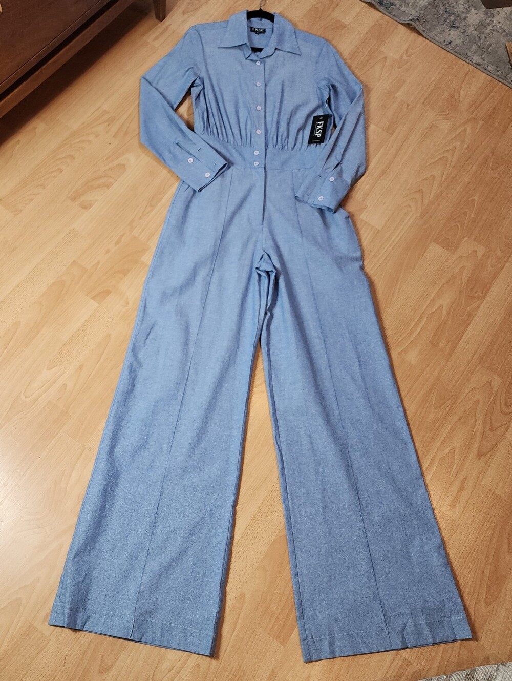 Small Tall NWT FKSP 100% Cotton Blue Long Sleeve Wide Leg Jumpsuit 35.5" Inseam